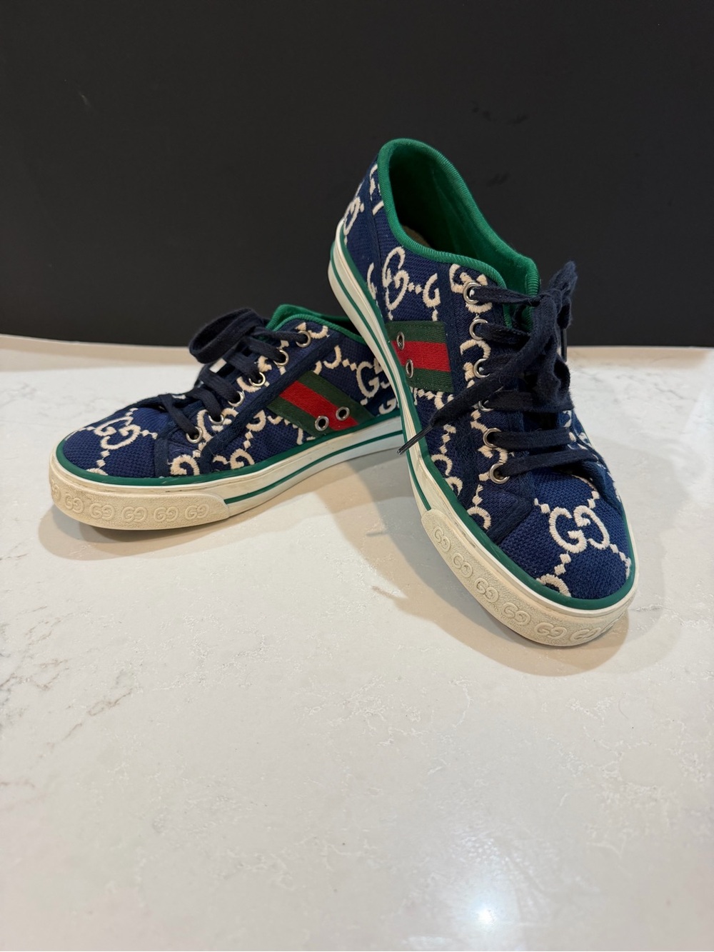 Gucci Navy GG Canvas Sneakers with Green and Red Stripe